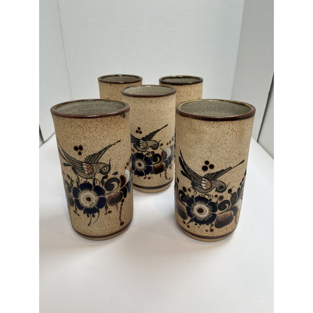 Tonala Pottery Cups Painted Blue Flowers Bird Stone Ware Lot Of 5 Netzi Mexico - Picture 2 of 16